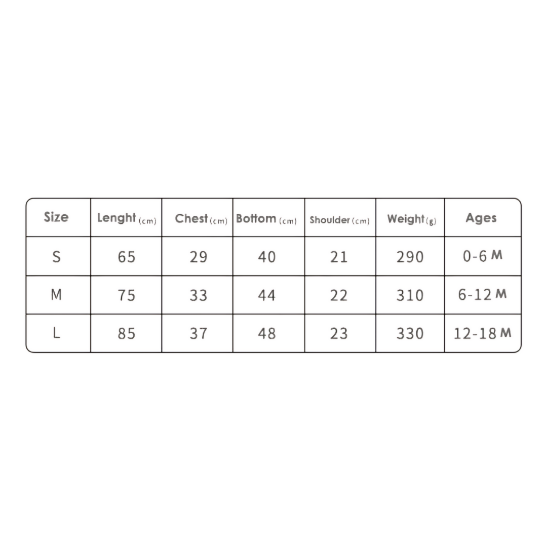 Size chart for Issy & Lilo bamboo sleeping bags, displaying measurements for sizes 0-3M, 3-6M, and 6-12M with width in centimeters.