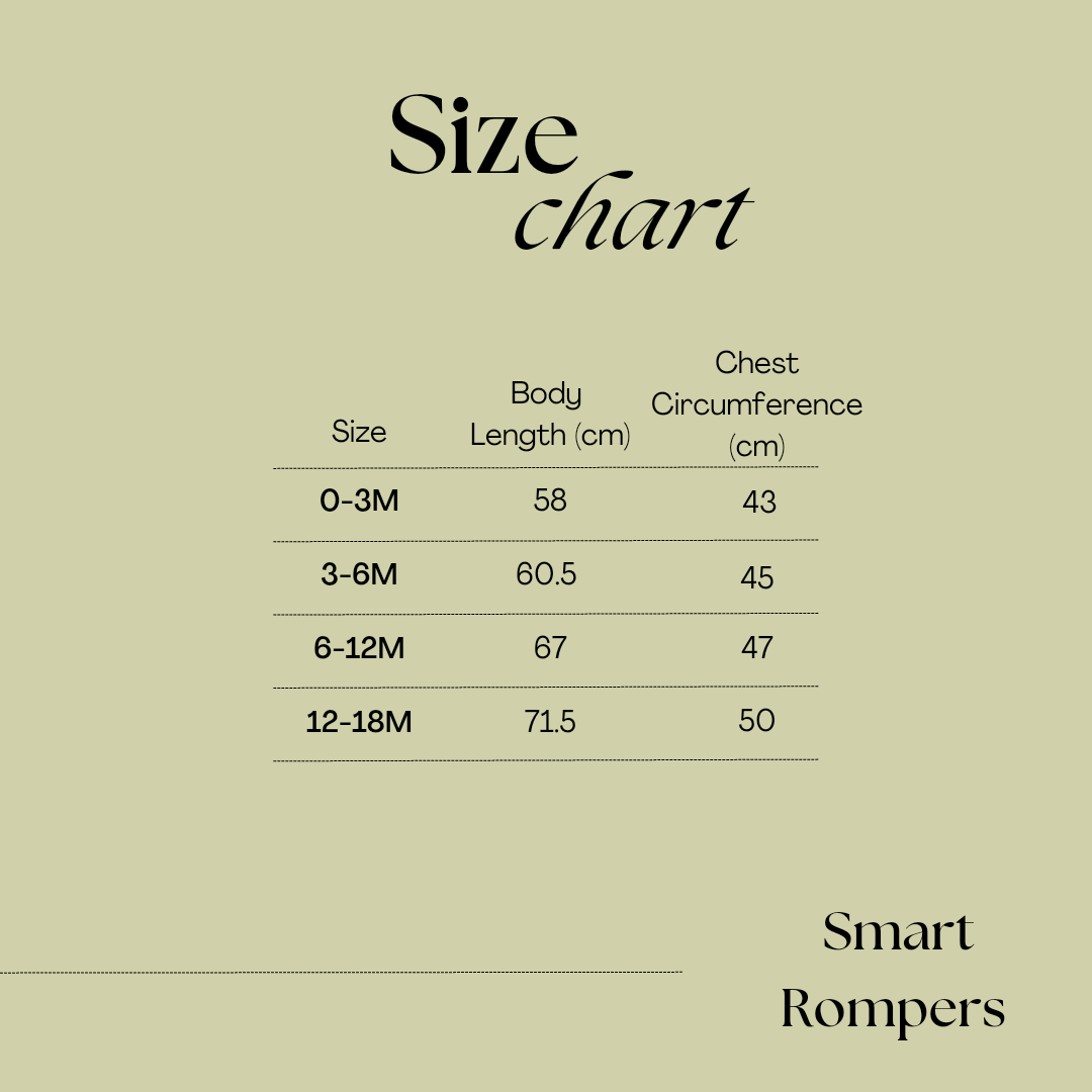 size chart for bamboo zipper rompers ranging from newborn to 18 months