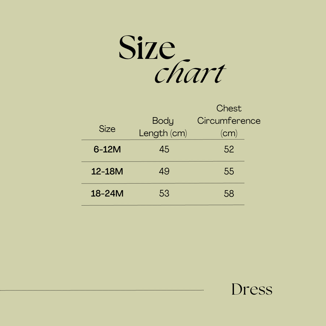 Size chart for Issy & Lilo baby dress, showing measurements for sizes 6-12 months, 12-18 months, and 18-24 months, including body length and chest circumference.