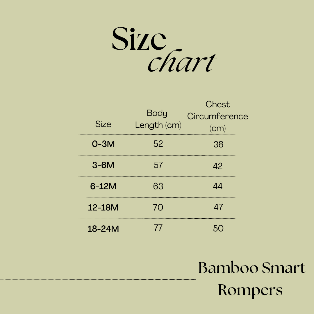 size chart for bamboo zipper rompers ranging from newborn to 24 months