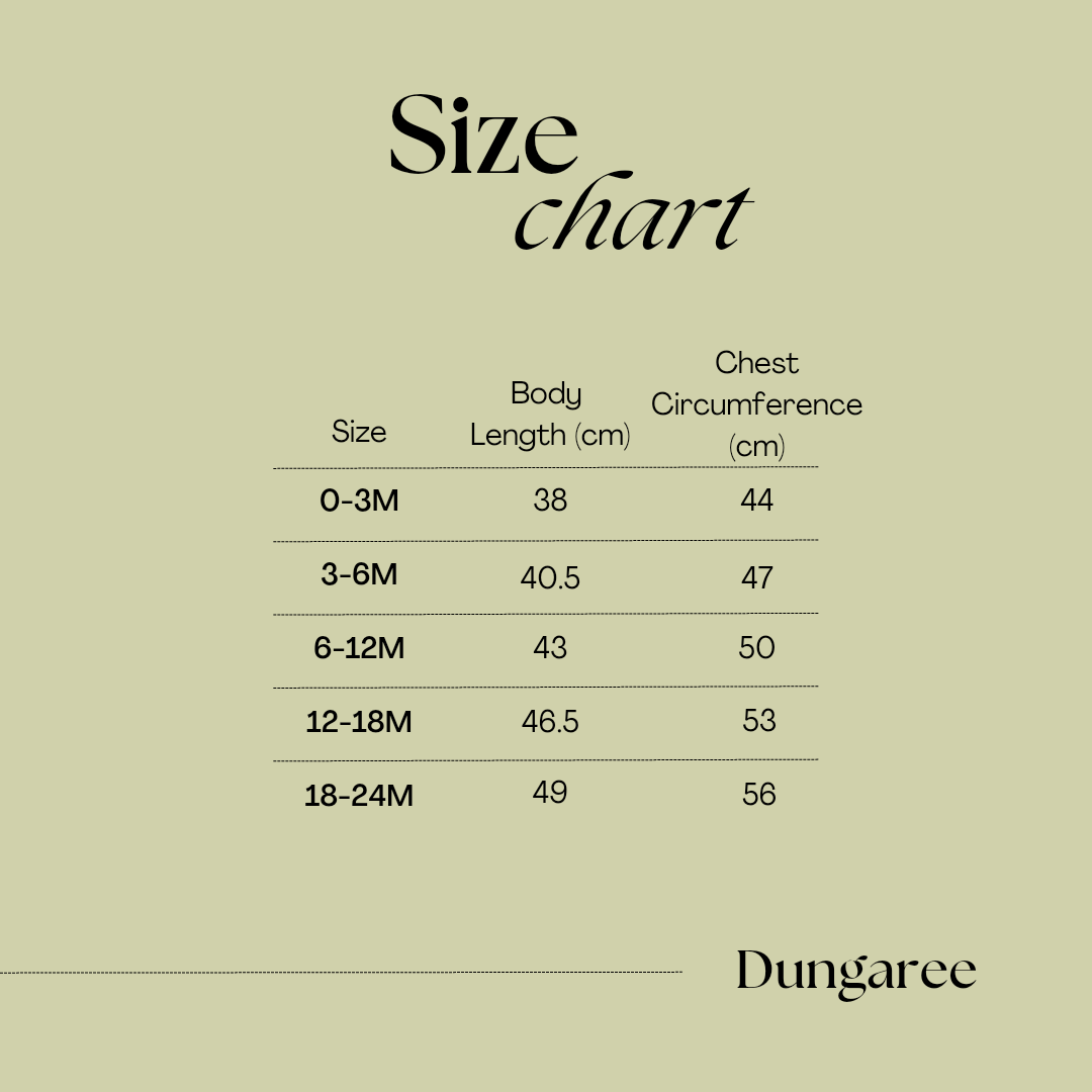 Size chart for Issy & Lilo organic cotton dungarees, displaying body length and chest circumference for ages 0-24 months.