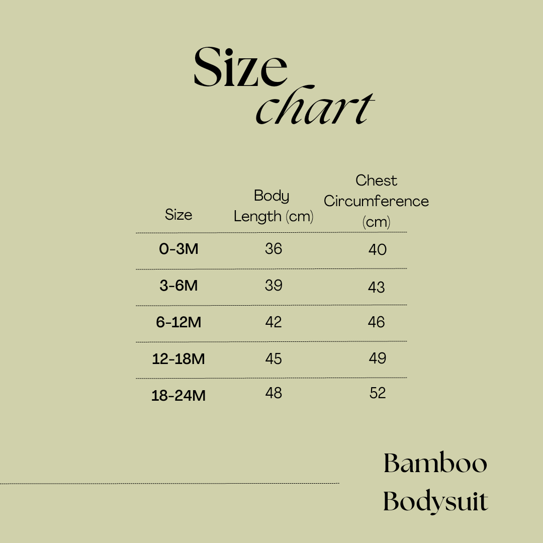 size chart for bamboo bodysuit displaying measurements in centimeters