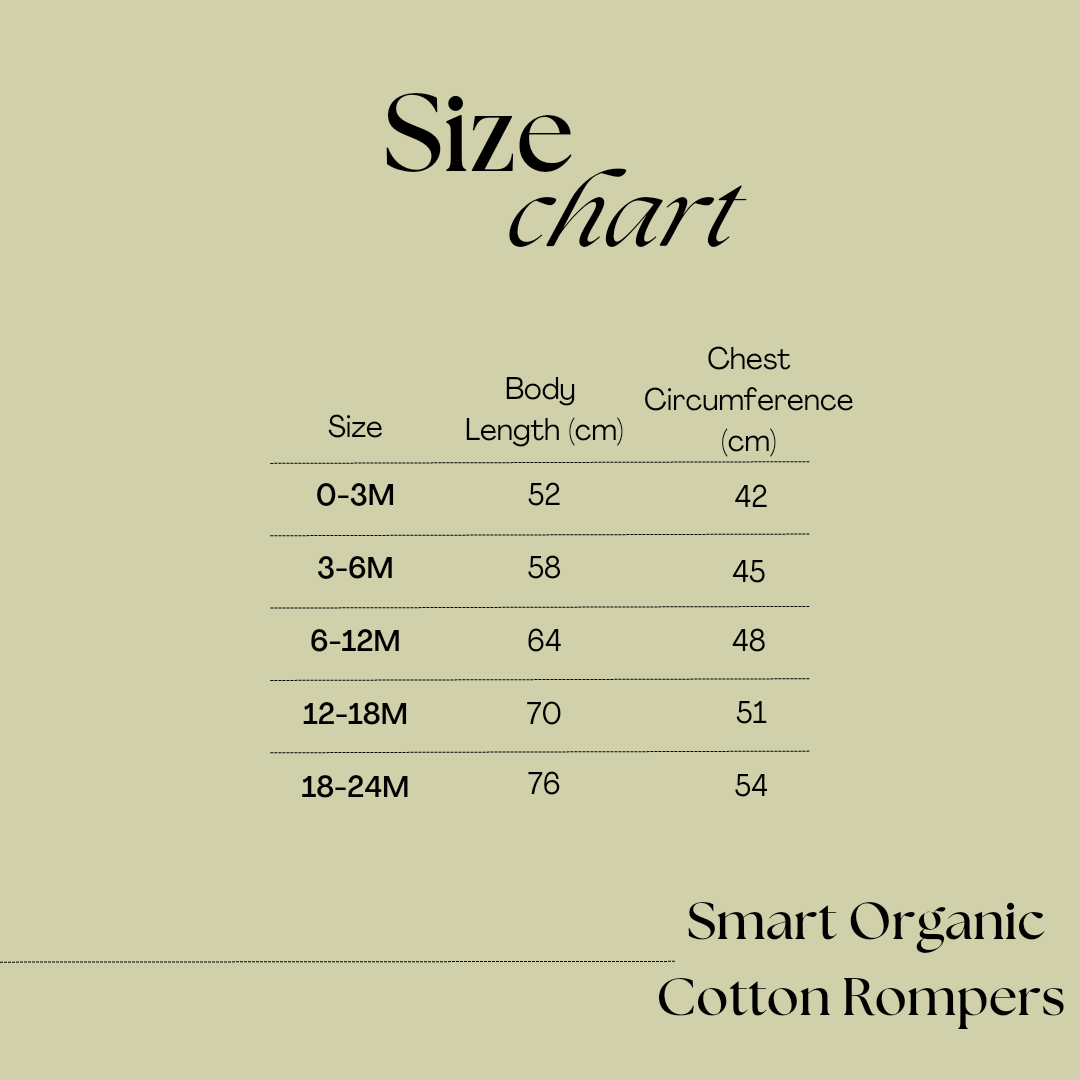 size chart for bamboo zipper rompers ranging from newborn to 24 months