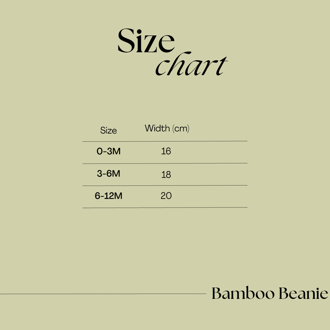 Bamboo beanie size chart by Issy & Lilo showing measurements for sizes 0-3 months, 3-6 months, and 6-12 months. Perfect for selecting the right fit for your baby’s head size.
