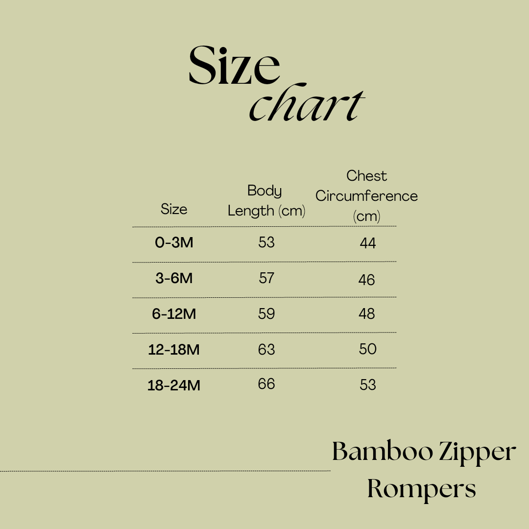 size chart for bamboo zipper rompers ranging from newborn to 24 months