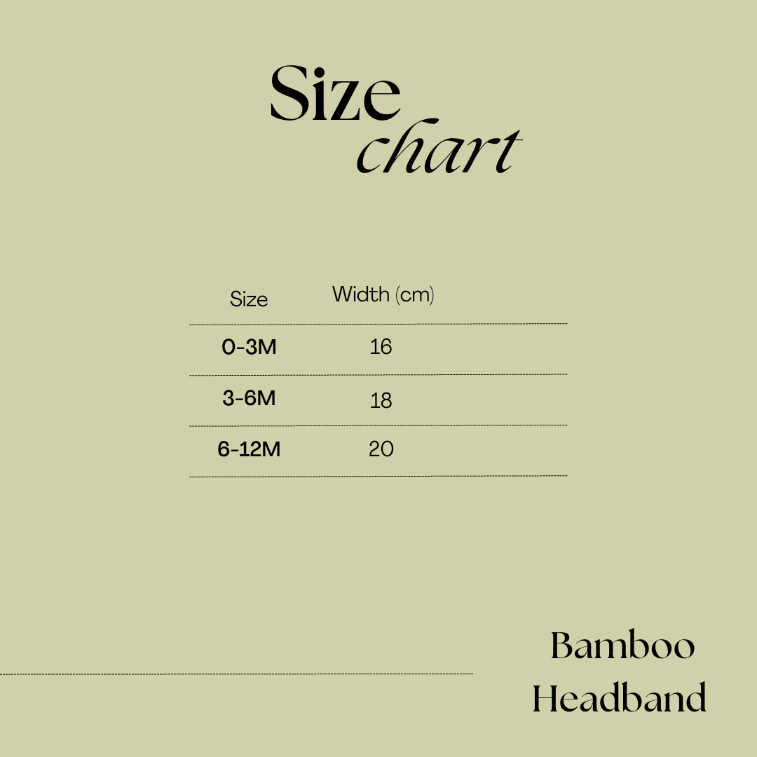 Size chart for Issy & Lilo bamboo headbands, showing sizes from 0-3 months, 3-6 months, and 6-12 months with respective widths in centimeters.