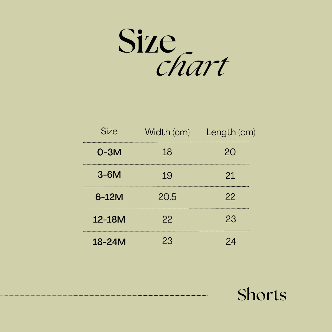 Size chart for Issy & Lilo shorts, displaying waist and length measurements for sizes 0-24 months