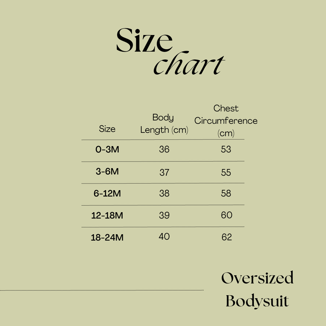 Size chart for Issy & Lilo’s Oversized Baby Bodysuit, detailing body length and chest circumference measurements for sizes ranging from 0-3 months to 18-24 months.