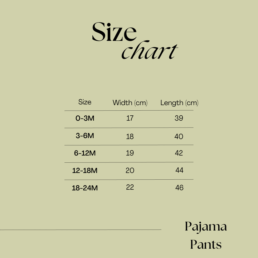 Size chart for Issy & Lilo pajama pants, showing width and length measurements for ages 0-24 months.