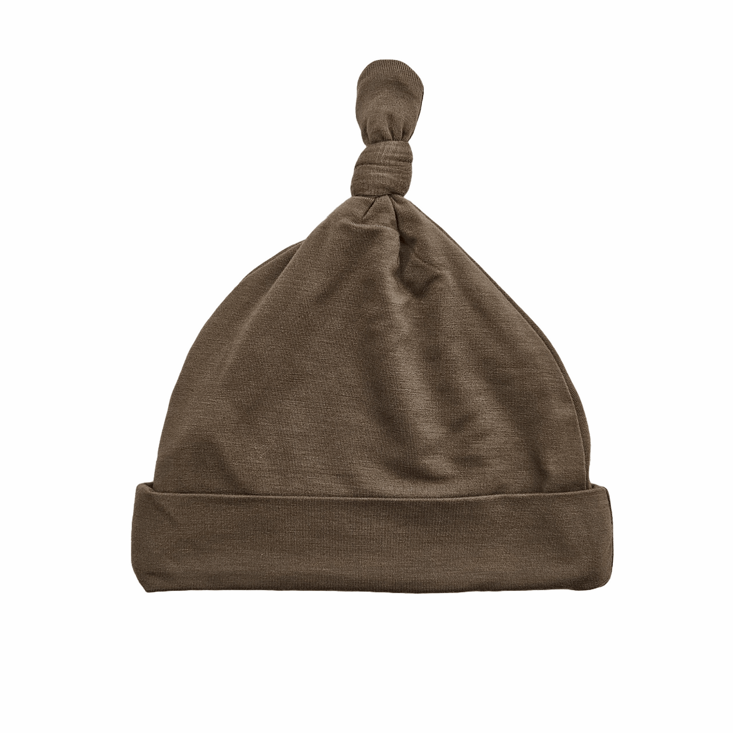 Bamboo knotted baby beanie in a deep olive green color by Issy & Lilo, crafted from soft and stretchy bamboo fabric to keep your newborn cozy and snug.
