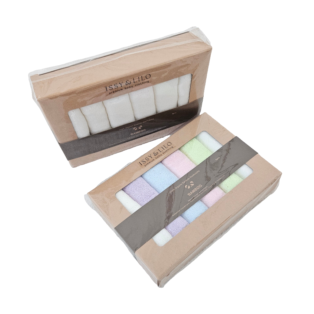 Two sets of Issy & Lilo bamboo washcloths in eco-friendly packaging, featuring a pastel color set and a classic white set. Made from ultra-soft bamboo for gentle and effective cleaning of your baby’s delicate skin.