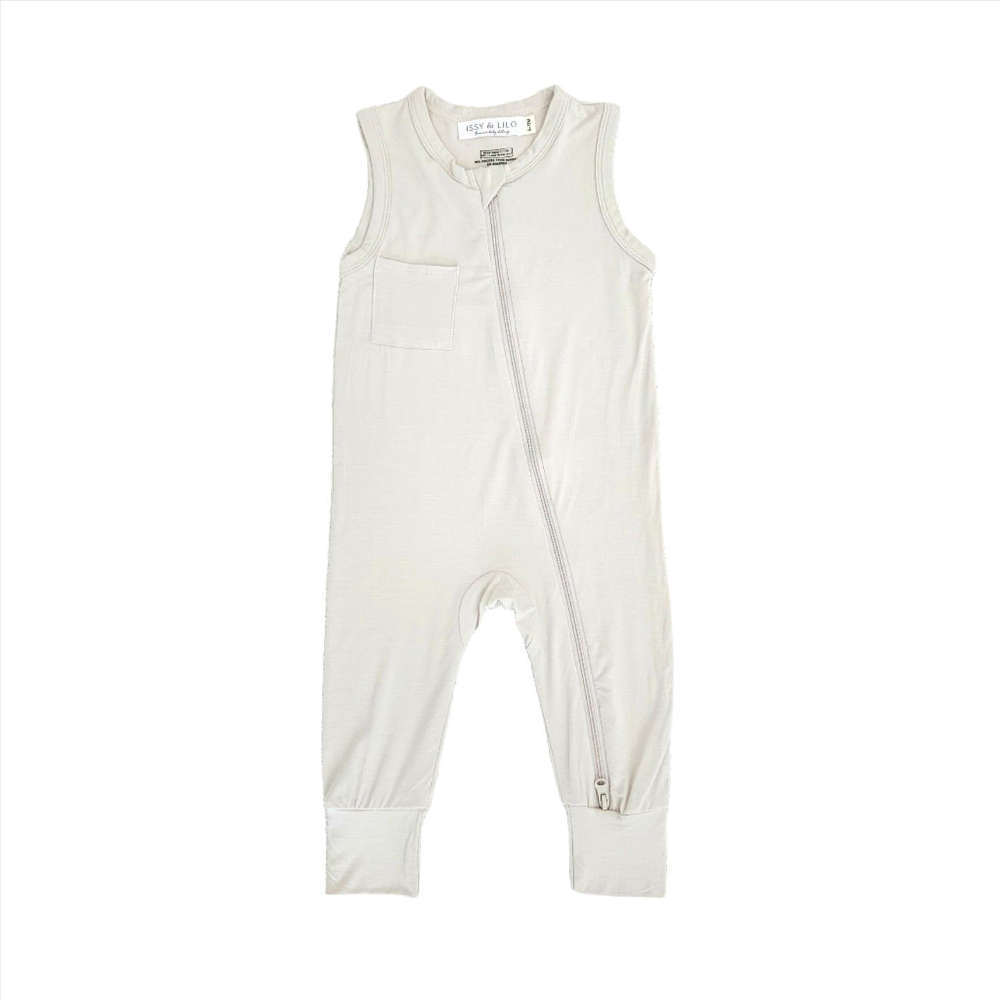 sleeveless bamboo baby overalls in cream with button closures