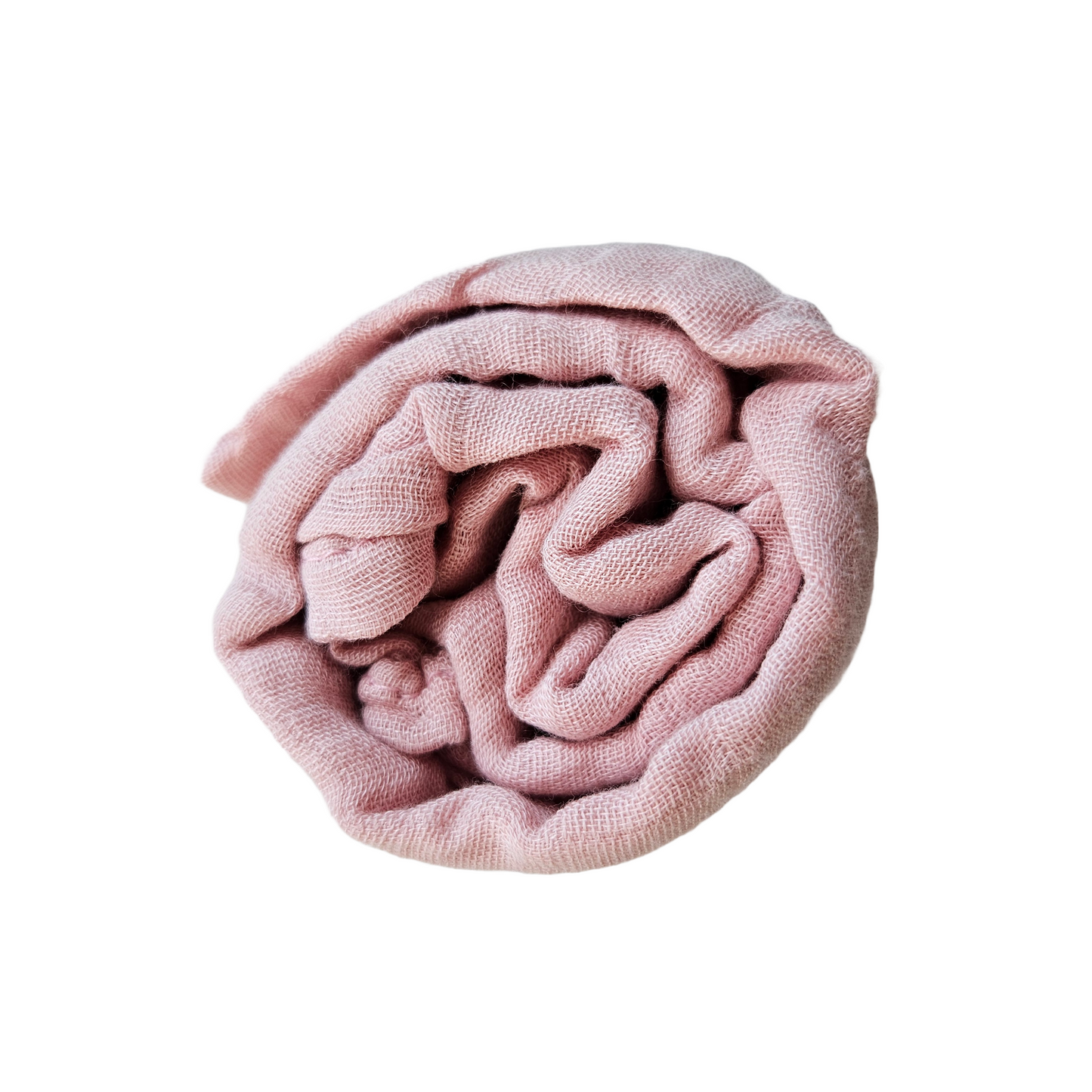 A neatly folded pink bamboo swaddle blanket, coiled into a compact, circular shape. The blanket appears soft and breathable, showcasing its lightweight and comfortable texture ideal for newborns.