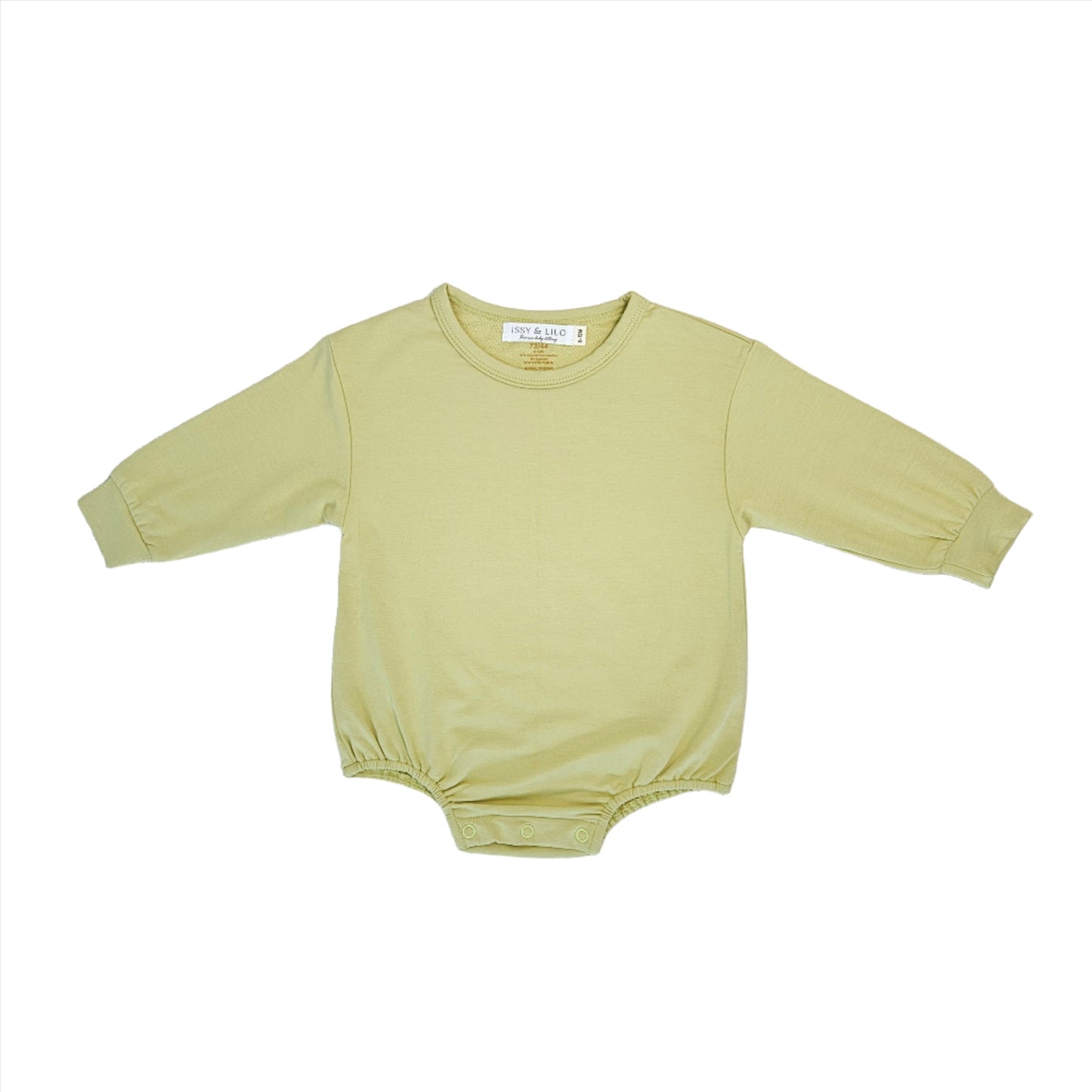 Long sleeve bamboo bodysuit in a soft olive green color by Issy & Lilo, featuring a relaxed fit with snap closures at the bottom for easy diaper changes. Perfect for your baby’s comfort and style.