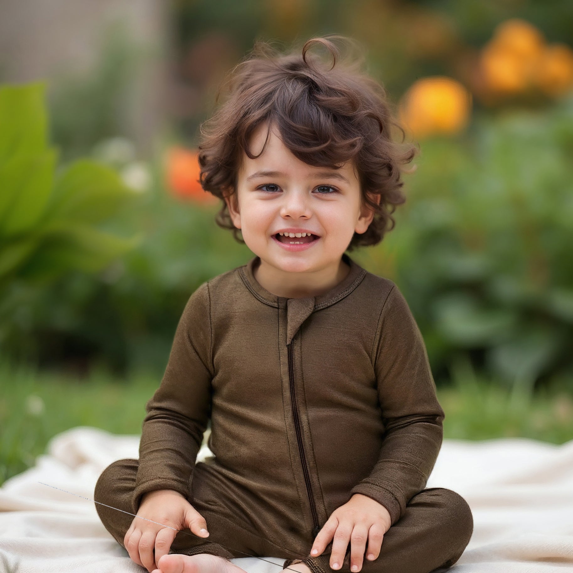 Baby wearing a smart bamboo zipper romper in deep olive green, sitting outdoors on a white mat