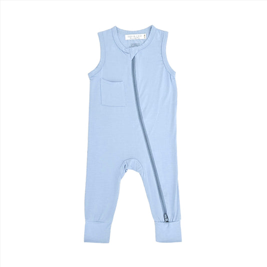 sleeveless bamboo baby overalls in light blue with button closures