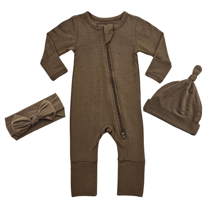 Smart Zipper Romper + Beanie + Headband Bundle 0-3 months - Olive Green