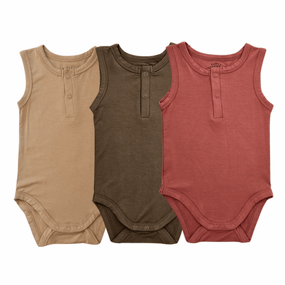 set of three sleeveless bamboo baby bodysuits in mustard, olive green, and dusty red with front button details