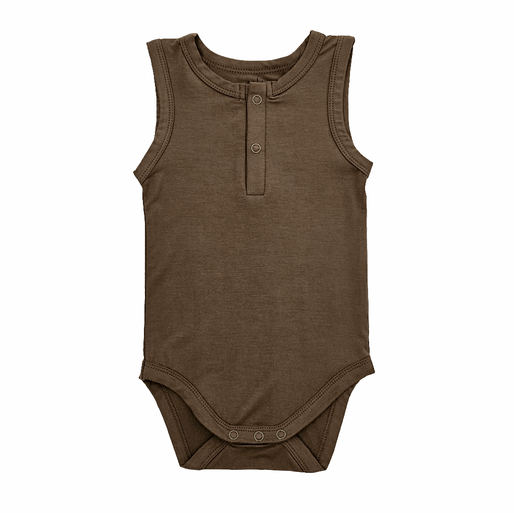 olive green sleeveless bamboo romper for babies with ruffled edges