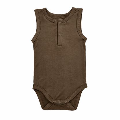 olive green sleeveless bamboo romper for babies with ruffled edges