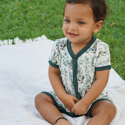 Short Sleeve Bamboo Romper - Green Leaves