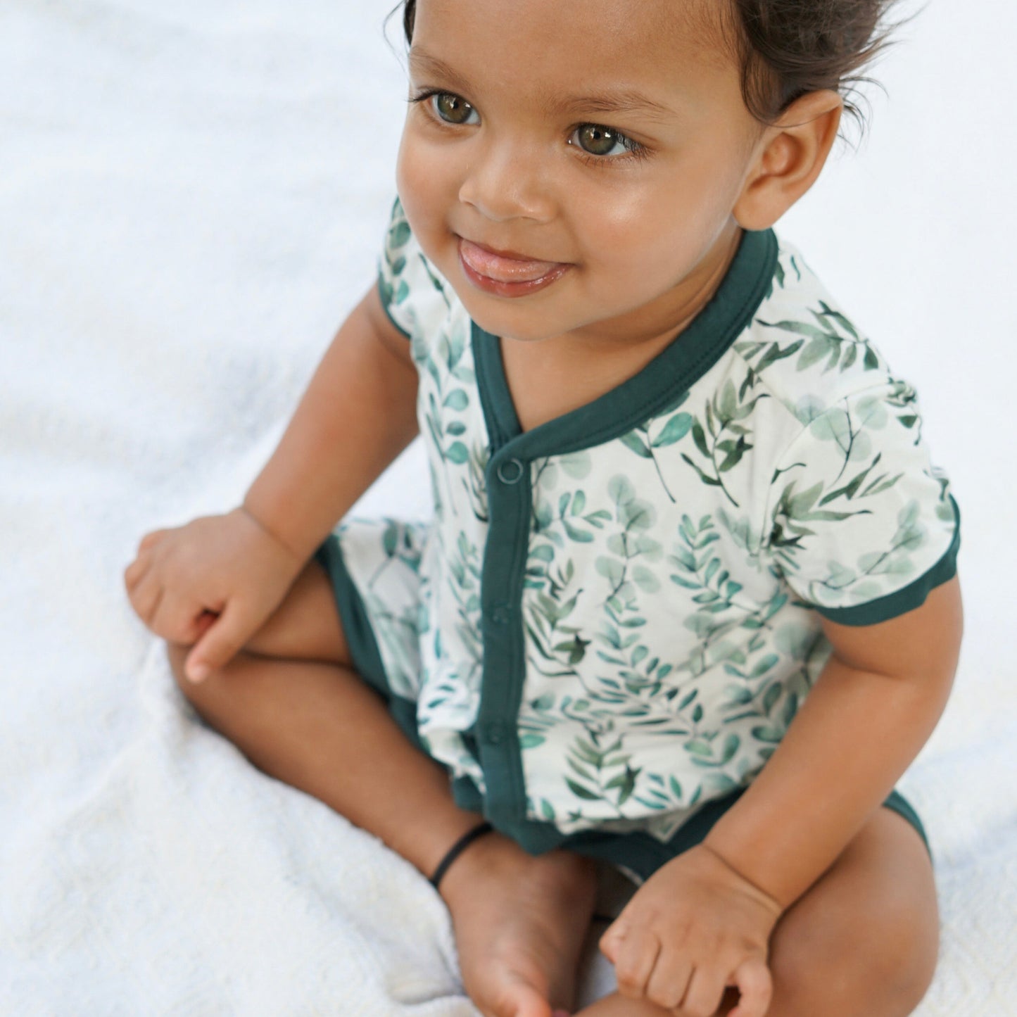 Short Sleeve Bamboo Romper - Green Leaves