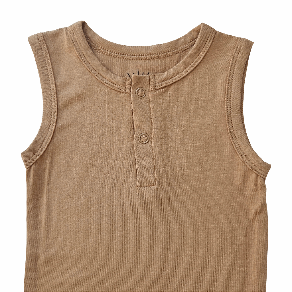 sleeveless bamboo baby bodysuit in mustard with front button details