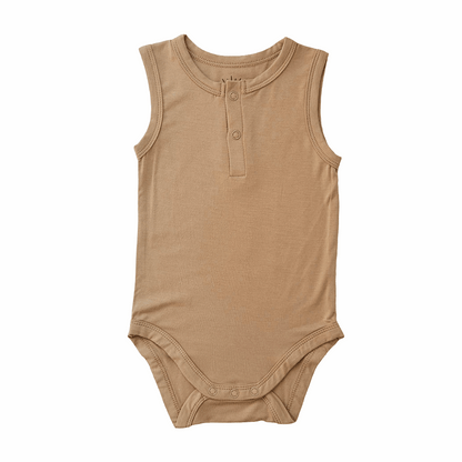 sleeveless bamboo bodysuit in mustard color for babies