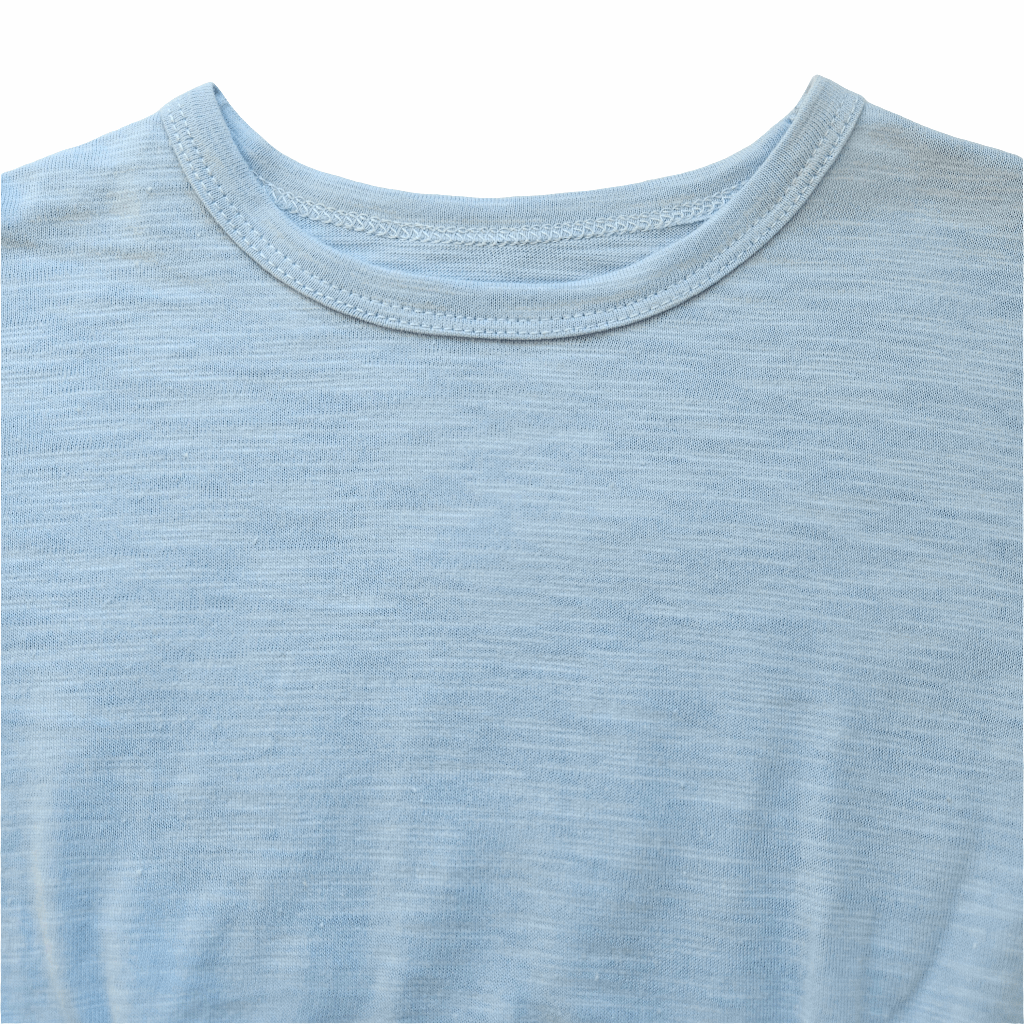 Close-up view of Issy & Lilo light blue organic cotton baby bodysuit neckline, showing soft fabric texture