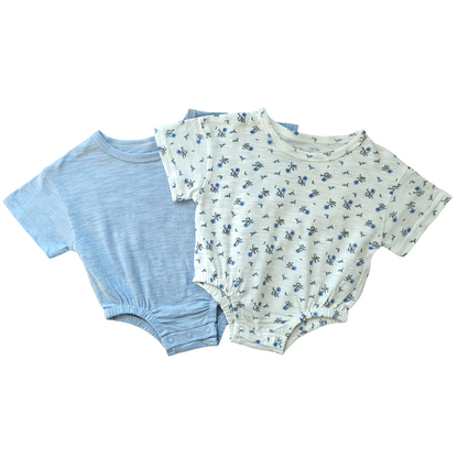 Organic Cotton Oversized Bodysuits Set of 2 - Baby Blue & Flower Print