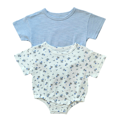 Organic Cotton Oversized Bodysuits Set of 2 - Baby Blue & Flower Print