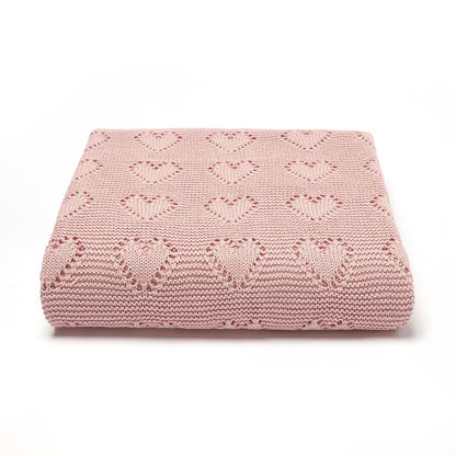 Organic Cotton Knitted Hearts Blanket - Dreamy Pink