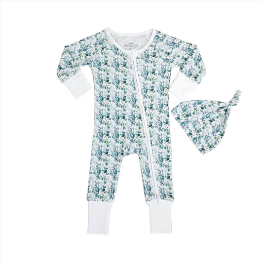 Smart Zipper Romper + Beanie Bundle 0-3 months - Eucalytpus Leaves